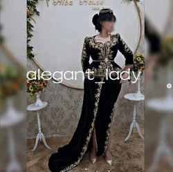 Black Karakou algérien Outfit Prom Dresses Gold Applique Embroidery Long Sleeve Peplum Velvet Vaftan Arabic Evening Gown