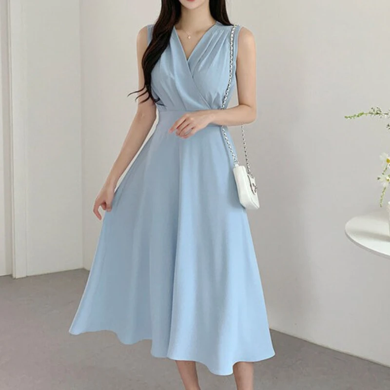 فساتين نسائية صيفية أنيقة من REALEFT متقاطعة من الأمام على شكل حرف v وشاحات على شكل حرف a جديدة 2025 بدون أكمام فستان فضفاض غير رسمي للسيدات #1