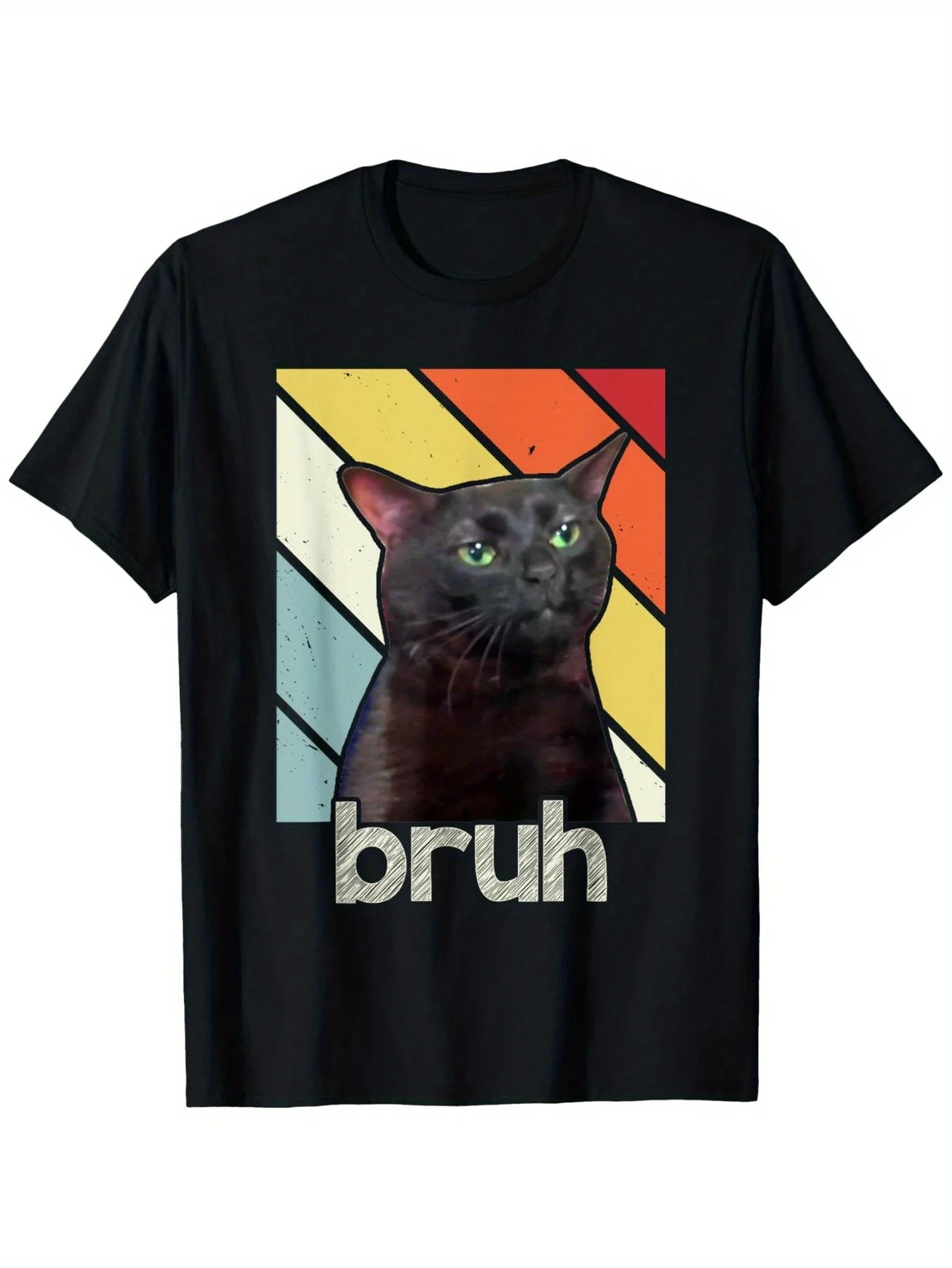 Men's Retro Black Cat Graphic T-Shirt - Short Sleeve,Crew Neck,Featuring a Cool Black Cat with Green Eyes and 'Bruh' Text