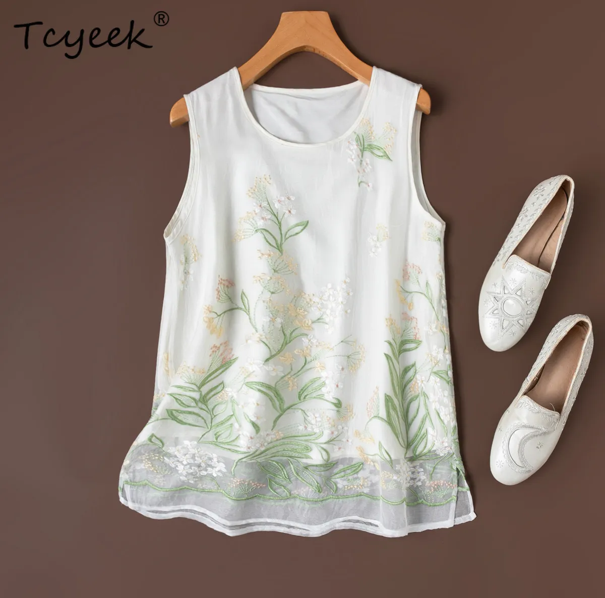 

Tcyeek 100% Real Mulberry Silk Women's Tanks 2026 Summer Artistic Style Elegant Embroidered White Tops Female Clothes Ropa Mujer