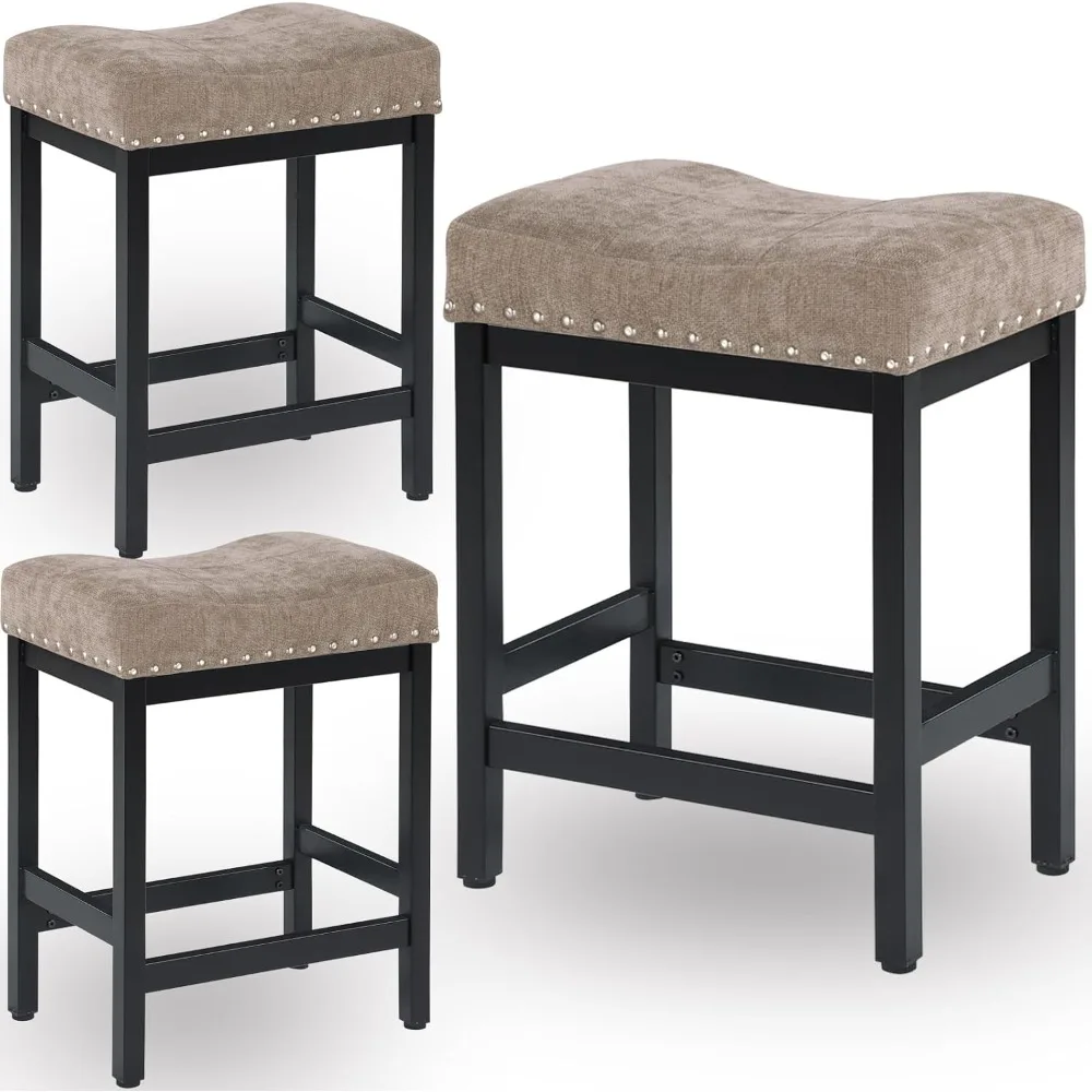 

Набор барных стульев из 3 барных стульев высотой 24 дюйма, барные стулья из серо-коричневой ткани, черный металлический каркас для кухонного острова, седло Barstoo