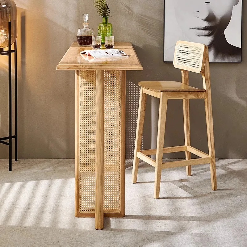 Nordic solid wood bar table and chair combination simple rattan bar desktop dining table High Quality