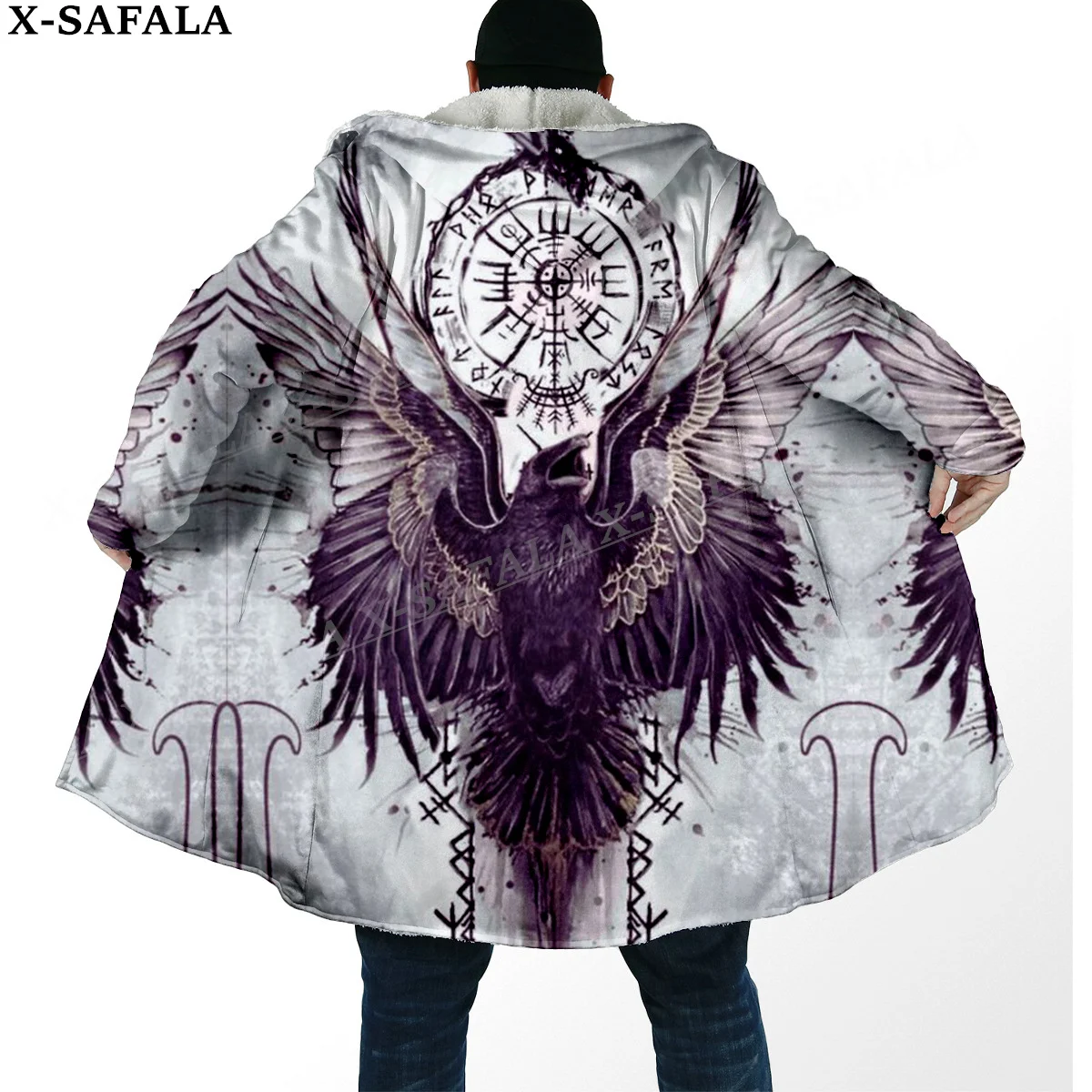 Raven Viking Tattoo Symbol 3D Print Thick Warm Hooded Cloak Men Overcoat Coat Windproof Fleece Cape Robe Hooded Blanket-2