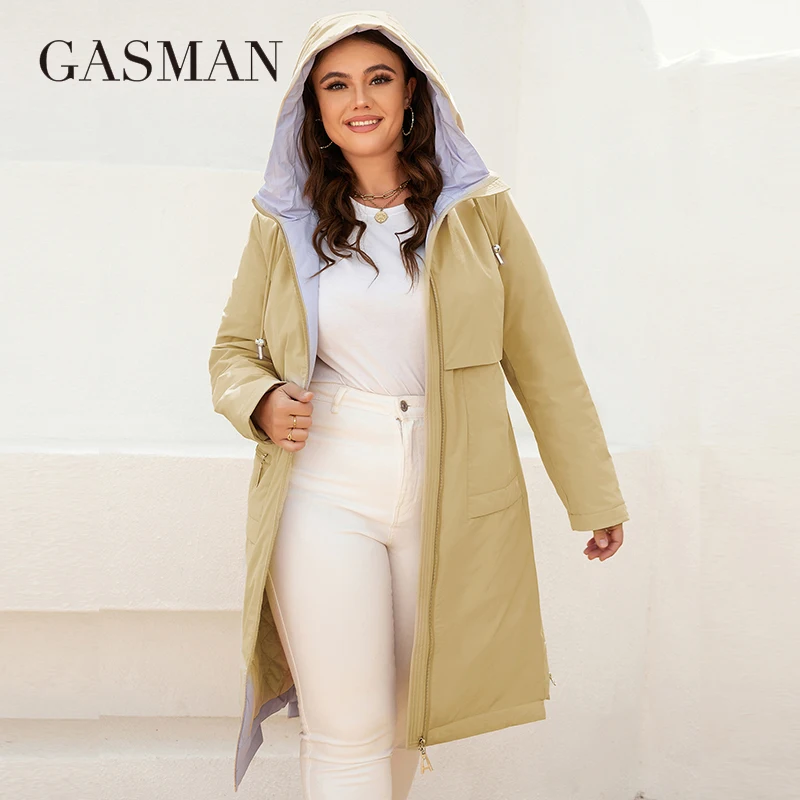 GASMAN New women\'s jacket spring 2022 High-Quality zipper long trench hooded outwear brand Fashion parkas coat for women 8288