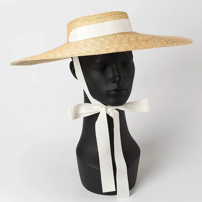 Straw summer hat15cm brim white ribbon French elegant ladies seaside travel sun hat Hepburn style wide brim hat  sombrero de paj