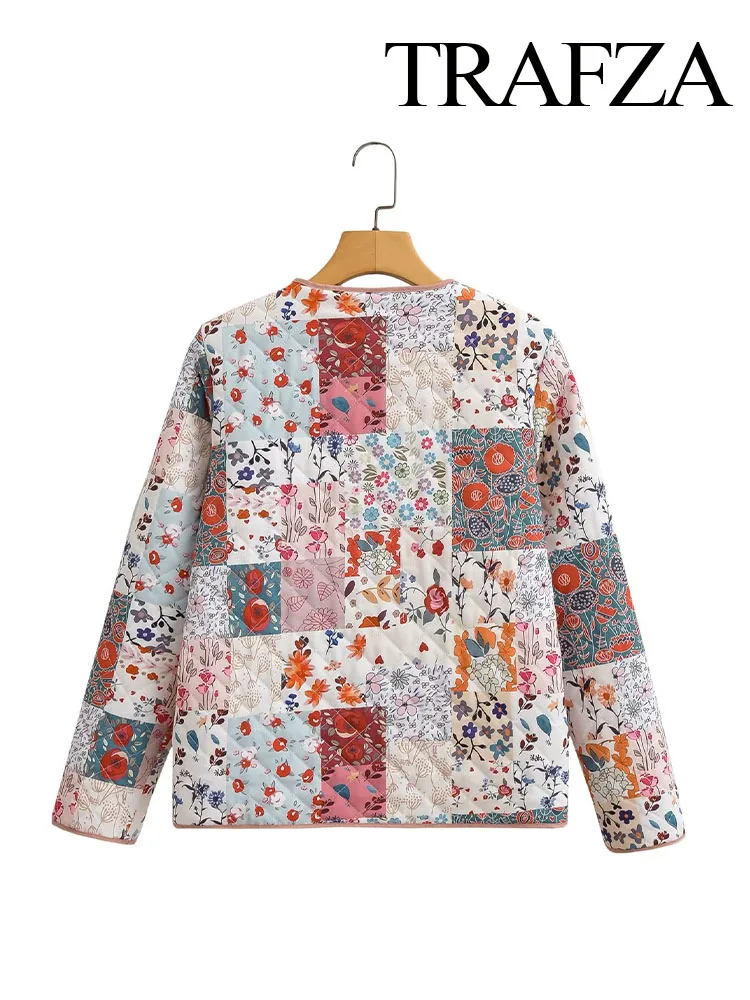 TRAFZA  Autumn Women Fashion Floral Print Quilted Jacket O Neck Long Sleeve Female Chic Casual Loose Outerwear Streetwear Mujer