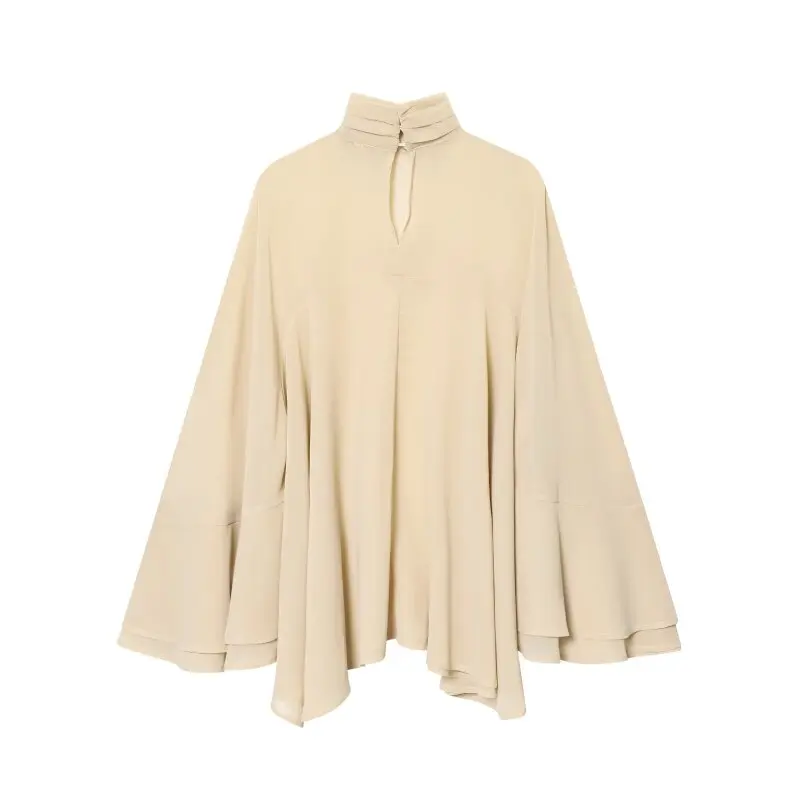 Pleated Elegant Flare Long Sleeves Shirt Turtleneck Fashion Office Lady Streetwear Summer Women Clothing Tops