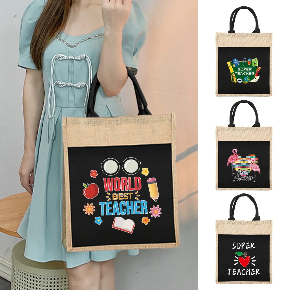 Tote Bag Reusable Jute Shopping Bag Portable Beach Shoulder Bags Casual Large Capacity Handbag Printing Teacher Series