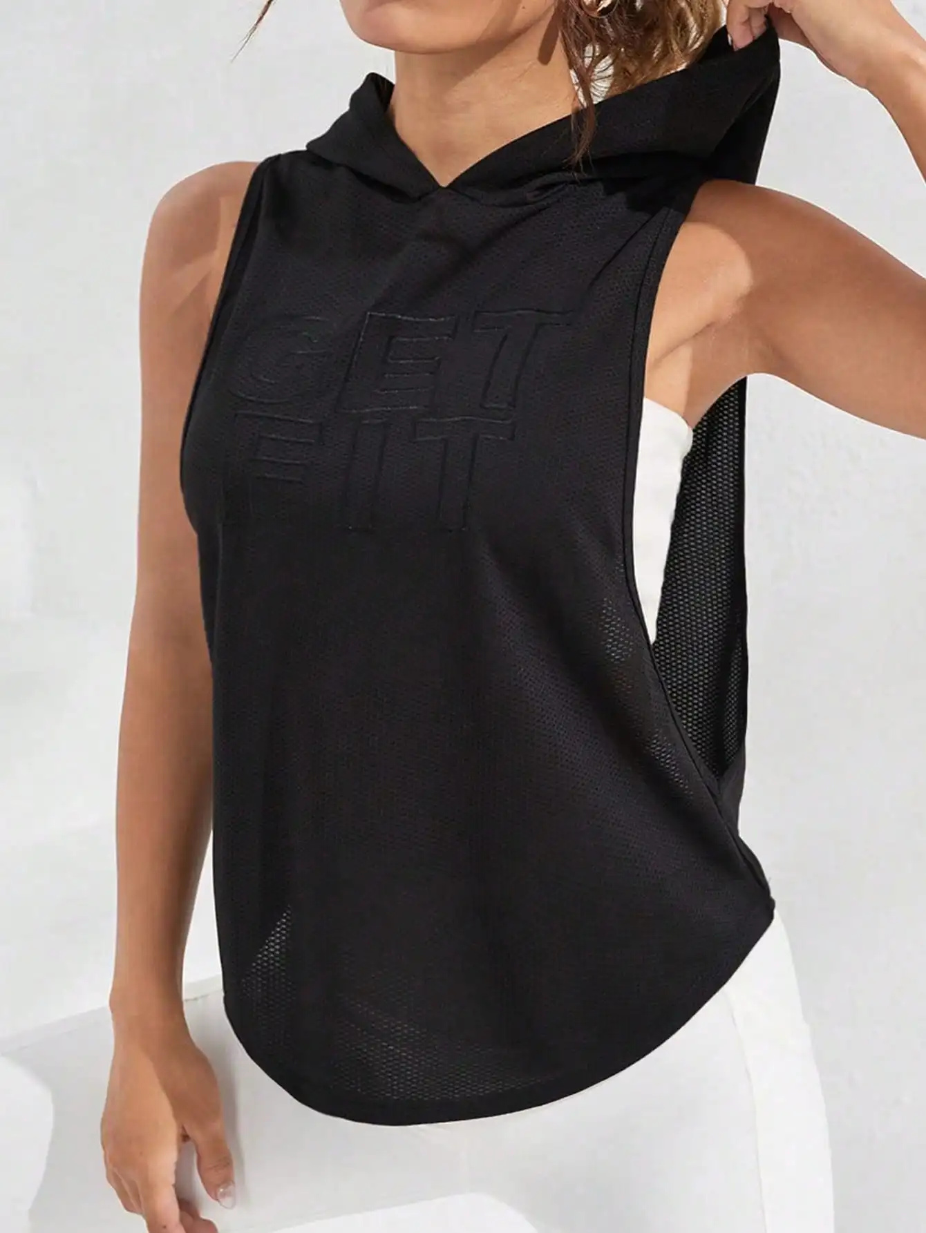 

Женская спортивная толстовка без рукавов с капюшоном и сетчатыми вставками, с вышивкой «GET FIT», свободного кроя для спортзала и повседневной носки