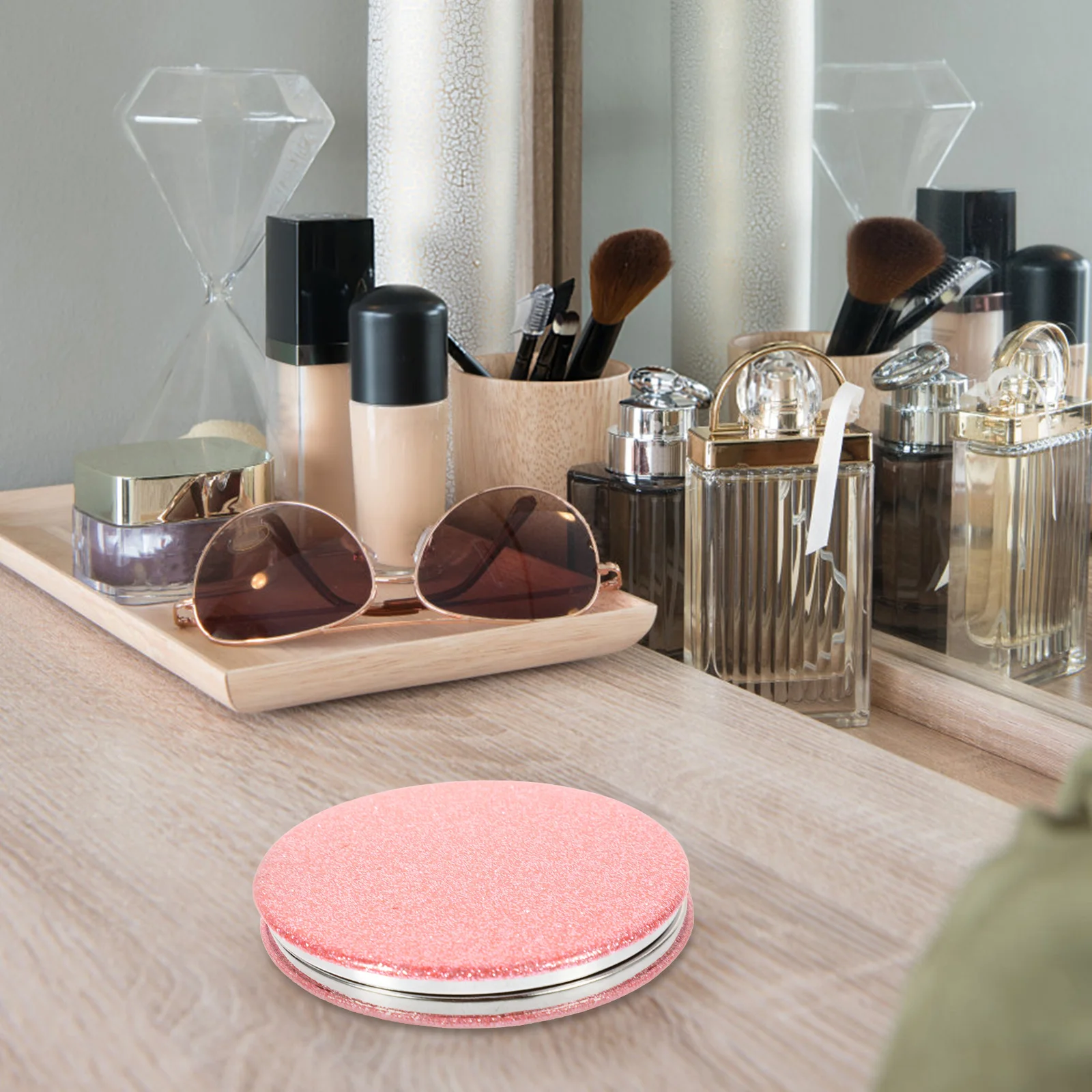 2Pcs Compact Makeup Mirror Glitter PU Small Portable Travel Pocket Mirror for Girls Women Small Hand Mirrors