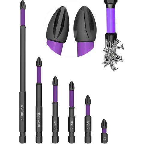 Magnetic Driver Bit Set 6 Magnetic Bits D1 Alloy Steel Impact Resistance Long Cross Driver Bits 1/4in Hex Shank for Drills