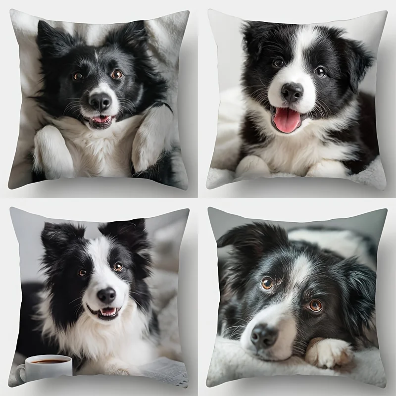 4 Stück Border Collie-Kissenbezüge, 45 x 45 cm, doppelseitig bedruckte Kissenbezüge, niedlicher Hund, Welpe, Heimdekoration, Dekokissen, ohne Einlage