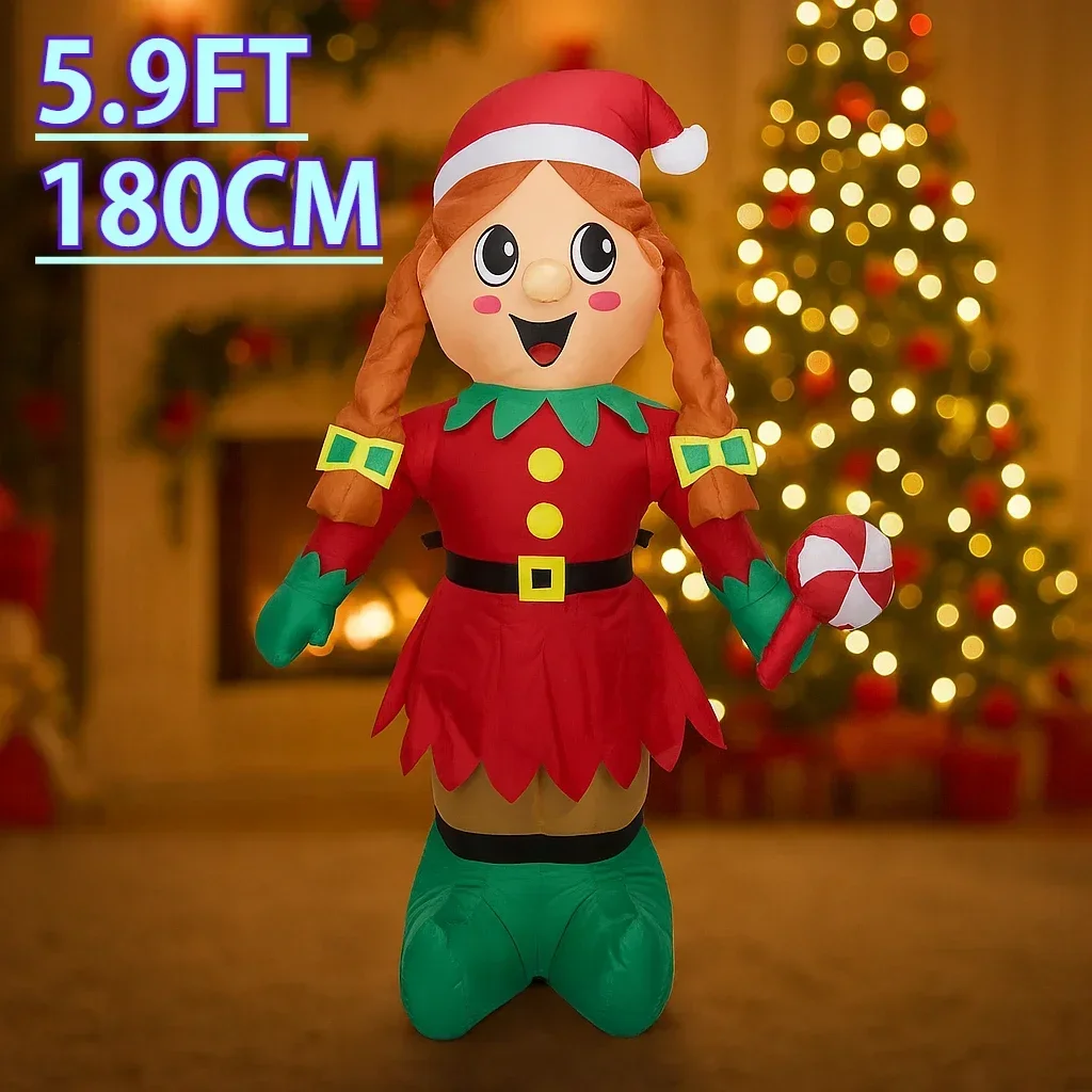 5.9FT نفخ لطيف قزم فتاة مع مصاصة LED مضاءة للمنزل وساحة عيد الميلاد زخرفة ، زينة عيد الميلاد وديكور الهدايا الاحتفالية