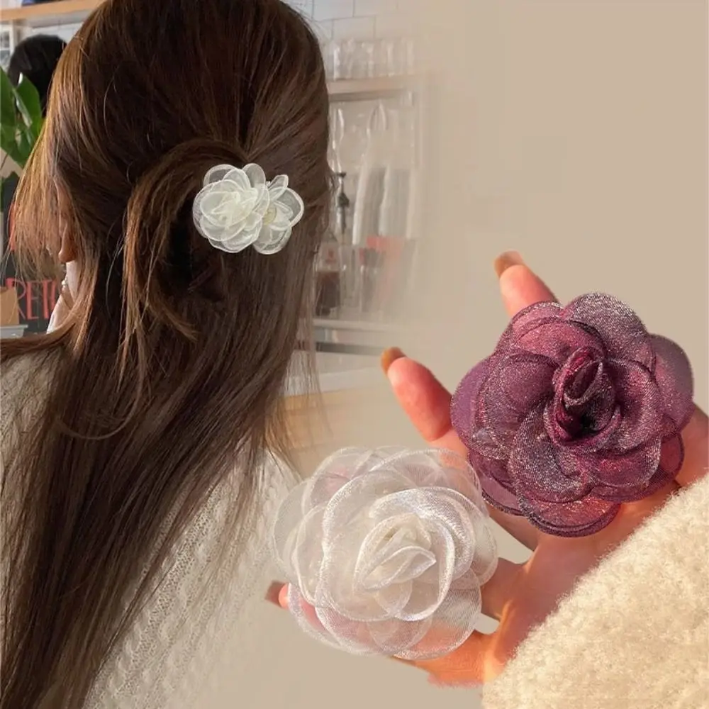 

Sweet Cloth Simulation Flower Hair Claw Mesh French Style Camellia Shark Clip Headdress Hair Accessories Flower Claw Clip Beach