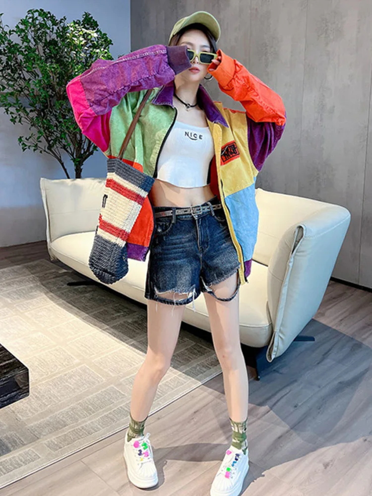 Streetwear Women\'s Spring Retro Baseball Jacket 2023 New Chic Bomber Jackets Loose Polo Collar Long Sleeve Zopper Parka Coat