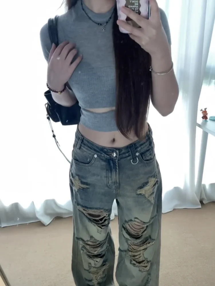 

Ретро американские пустынные широкие джинсы женские летние с низкой талией сексуальные свободные прямые брюки длиной до пола