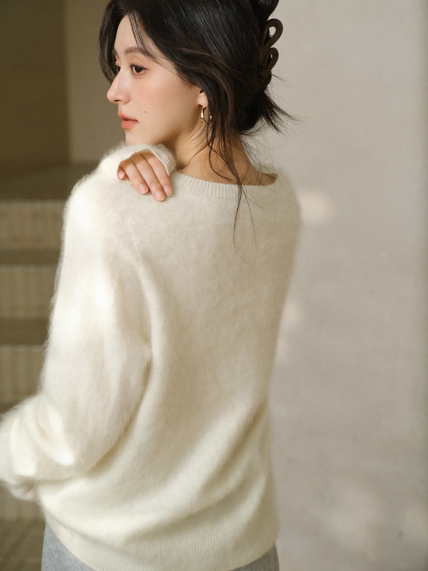 سترة دافئة من الصوف المحبوك للنساء سيدة كلاسيكية مستديرة الرقبة البلوز فضفاضة تناسب لينة الداخلية أعلى مريحة الطبقات اليومية الزي #5