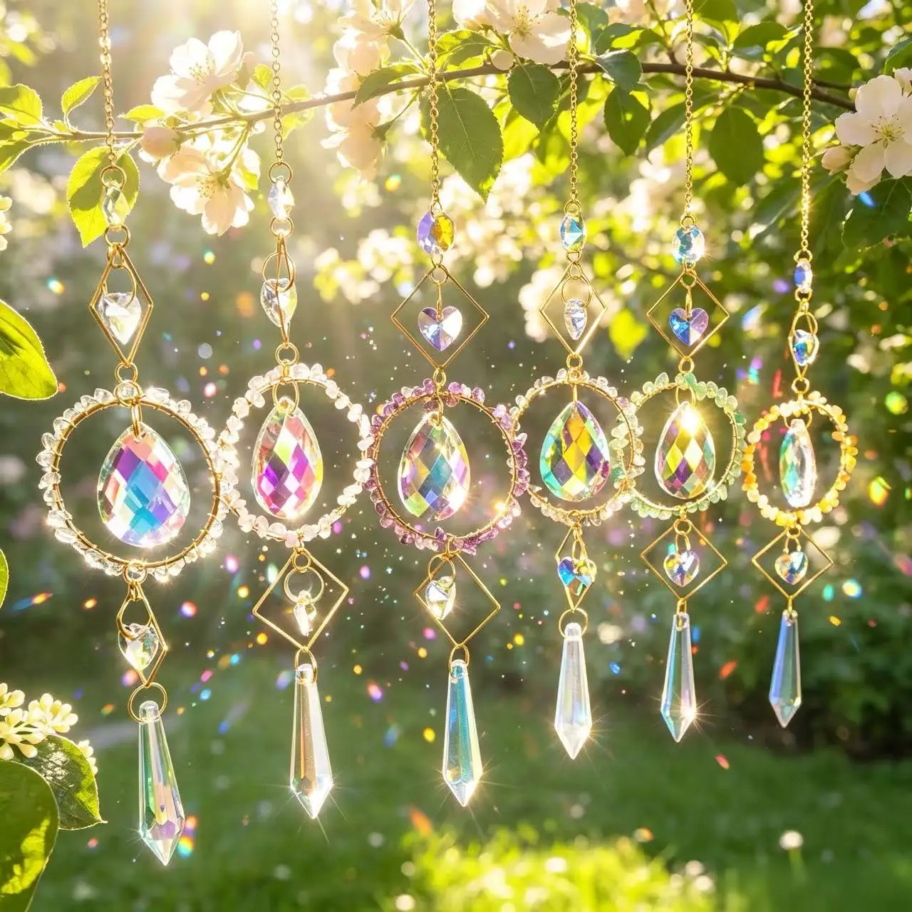 Boho Gold Frame Crystal Teardrop Suncatcher Rainbow Window Hanging Ornament