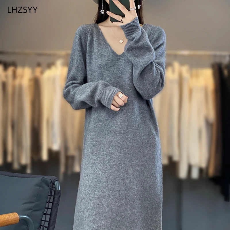 LHZSYY 100% Pure Wool Dress Women V-Neck Mid-Length Top Loose Large Size Sweater Long-Sleeved Warm Jumper Casual Knit Long Skirt