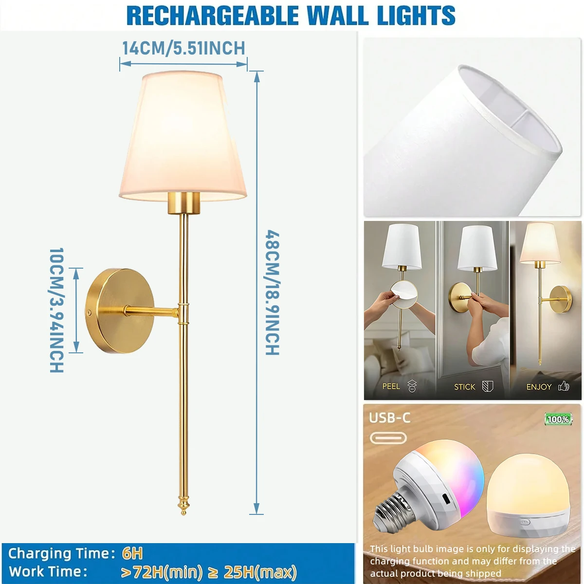 Wireless Wall Lamp with Rechargeable Bulbs Remote Control 12 Light Colors Dimmable Sconces Cordless Wall Lights For Home Decor