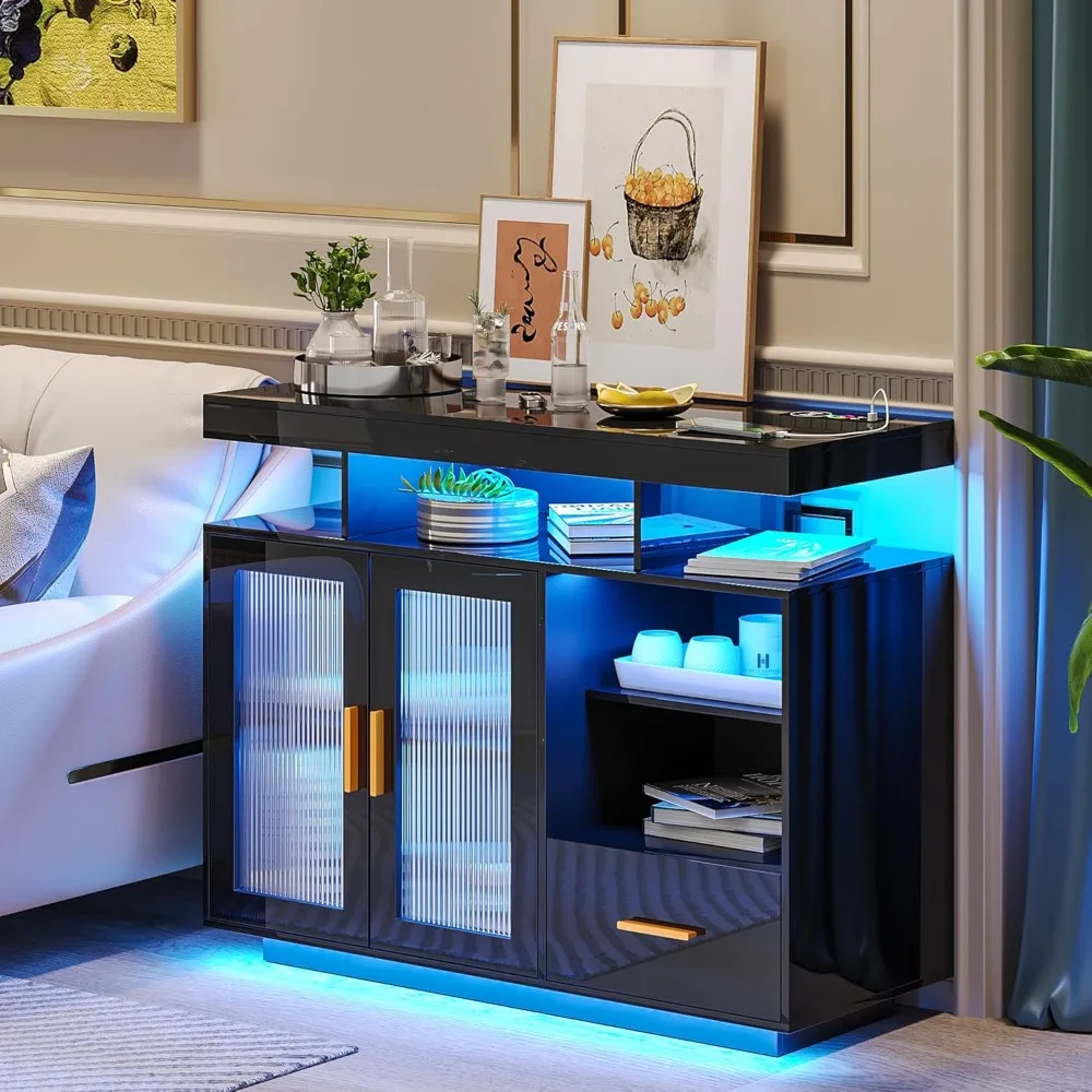 

LED Sideboard Buffet Cabinet with Storage, Modern Black Coffee Bar Cabinet with Charging Station, High Gloss Kitchen Storage Cab