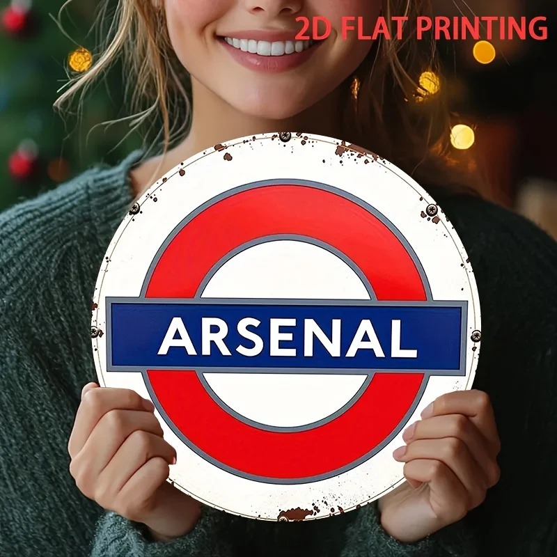 2D Flat, 2D Flat 1pc Modern Minimalist Round Tin Sign 20.32x20.32 cm - Sleek Arsenal London Underground Symbol Sign Design - wit