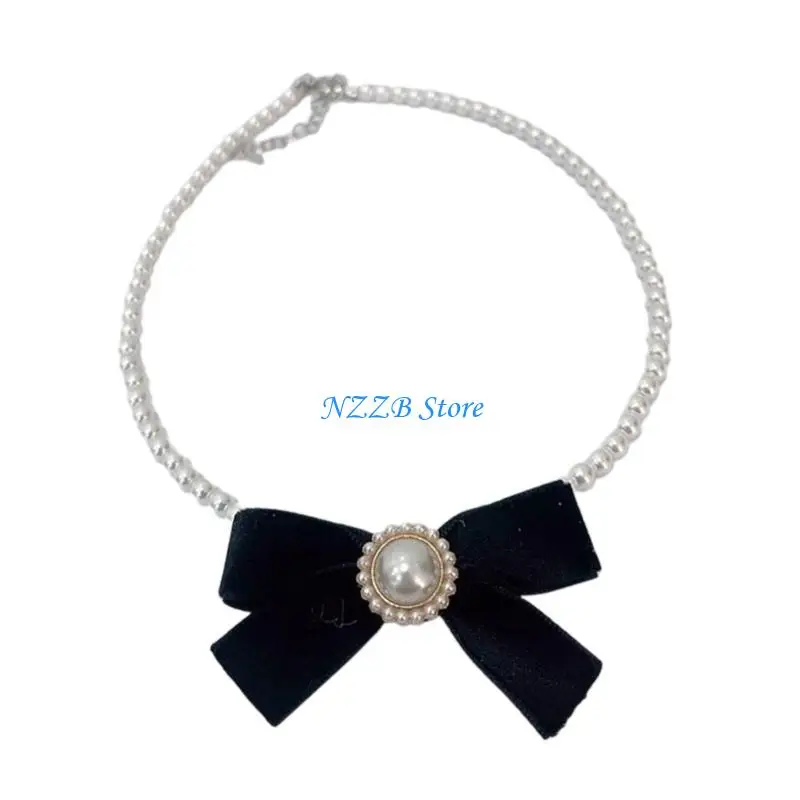 

T21F Bowknot Pendant Sweater Necklace Fashion Simple Pearl Beaded Clavicle Chain Gift