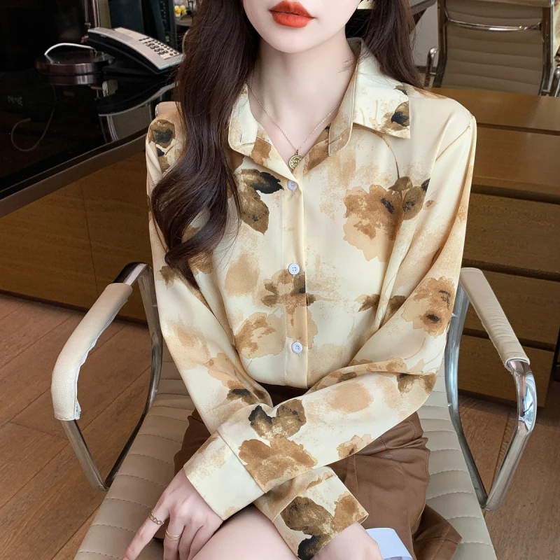 Women Spring Korean Office Lady Loose All-match Appear Thin Shirts Women Clothes Casual Simplicity Printing Polo-Neck Trend Tops