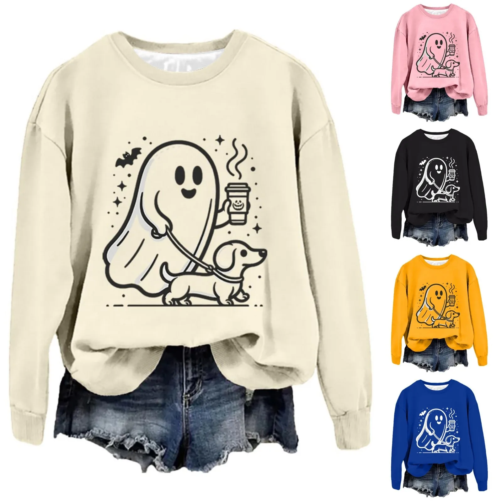 Halloween Women'S Casual Autumn Fashion Funny Ghost Dog Printed Sweatshirt Outdoor Cute Harajuku Pullover Soft Kawaii Clothes