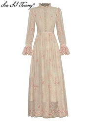 Seasixiang Fashion Designer Spring Summer Lace Long Dress Stand Collar Flare Sleeve Print  Elegant Party Vintage Dresses