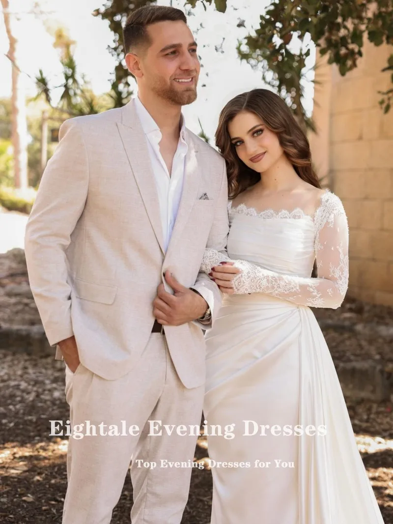 ชุดแต่งงานแบบอาหรับ Eightale แบบสั่งตัด สีไอวอรี่ คอวี ประดับลูกไม้ ชุดเจ้าสาวมุสลิมทรงเมอร์เมด ชุดงานเลี้ยงเจ้าสาว