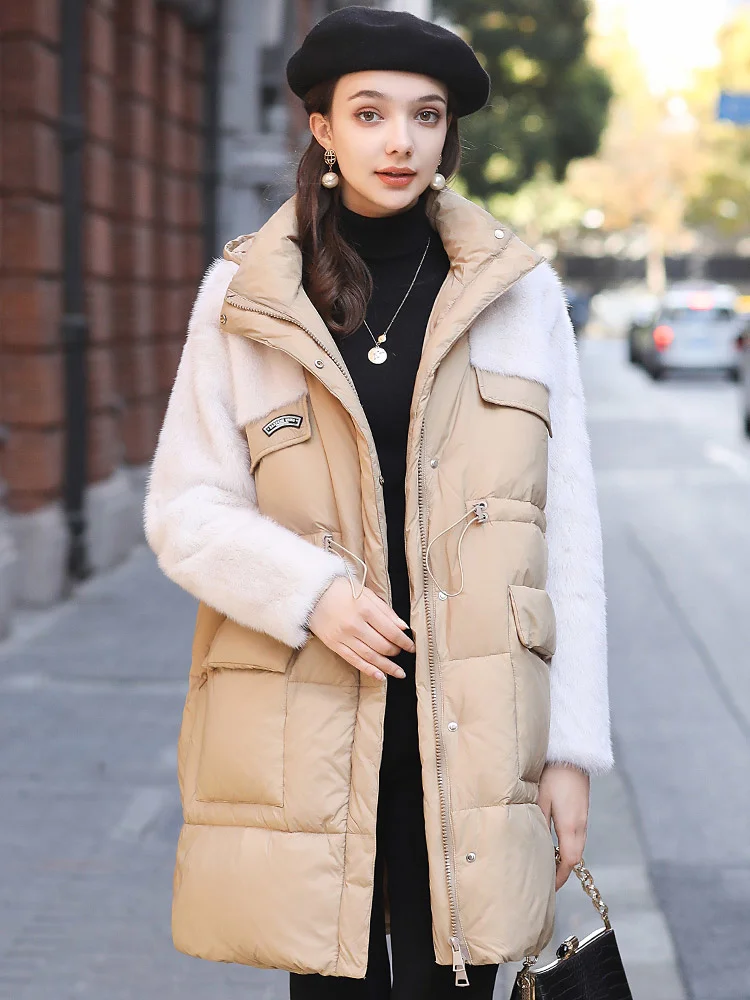 

2023 Winter Patty Fashion Mink Fur Grass Coat Hooded Mid Length Casual Down Coat Women's 242v