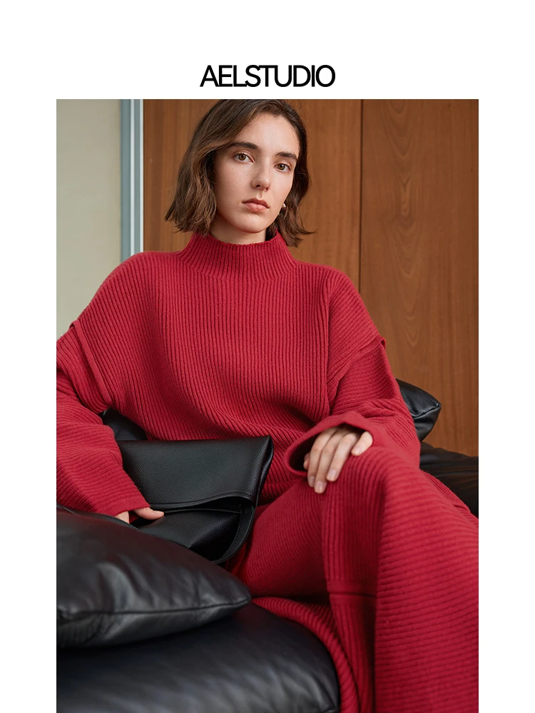 

Оригинальный роскошный красный вязаный комплект AEL: женский осенне-зимний свободный шерстяной свитер и юбка, модный и элегантный для повседневной носки