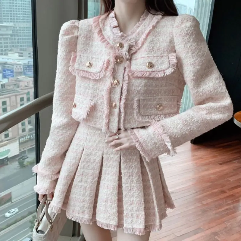 Women Elegant Tassel Y2K Korean Suit Jacket Coat And Skirt Two Piece Set Plaid Outfit New Winter Jacquard Tweed Pink Clothing