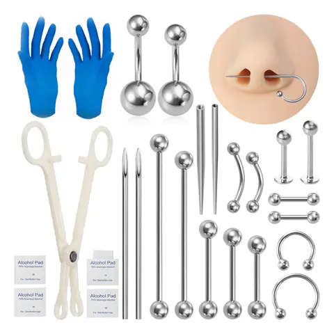 Kit per piercing al corpo Acciaio chirurgico Filettato Perno conico Aghi Labbro Naso Lingua Cartilagine Sopracciglio Piercing all'ombelico Strumento per gioielli Pinze