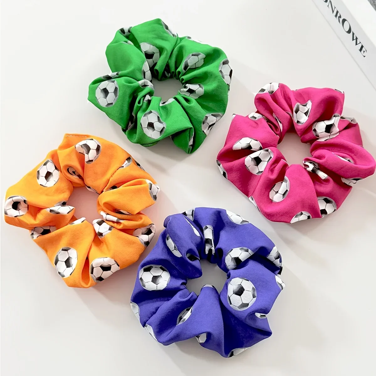 Customization 4pcs Spring/Summer 3D Soccer Sports Large Ponytail Holder Set, Women's Fashion High Ponytail Elastic Hair Ties