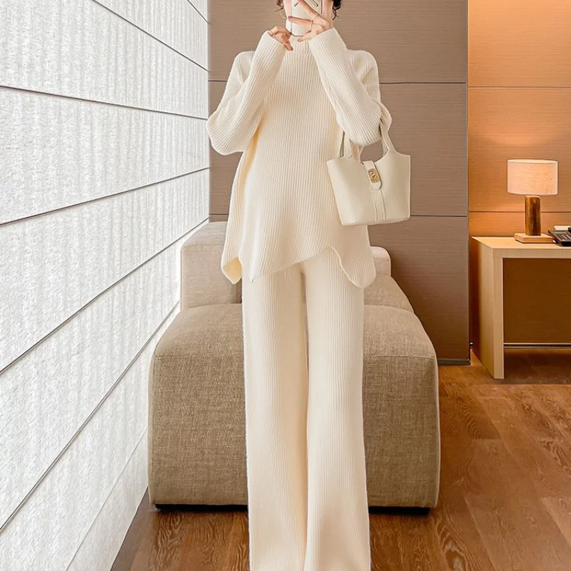 Solid Color High Neck Knitted Outfits for Women's Spring Autumn New Loose Fitting Fashion Casual Wide Leg Pants Two-piece Set