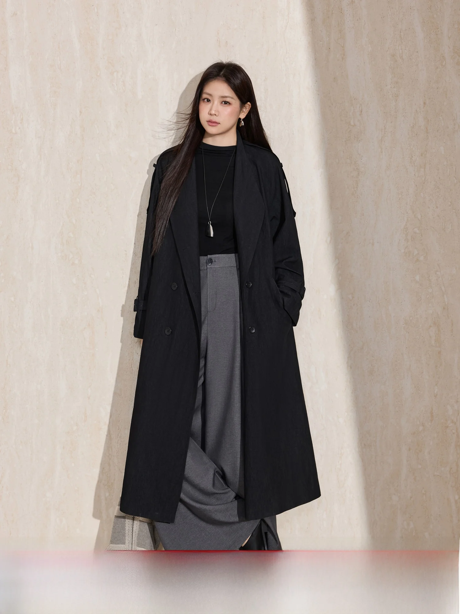 

Loose Classic Double-Breasted Long Coat Blue Language Large Size Women's Spring New Belted Outerwear Commute Simple Sle