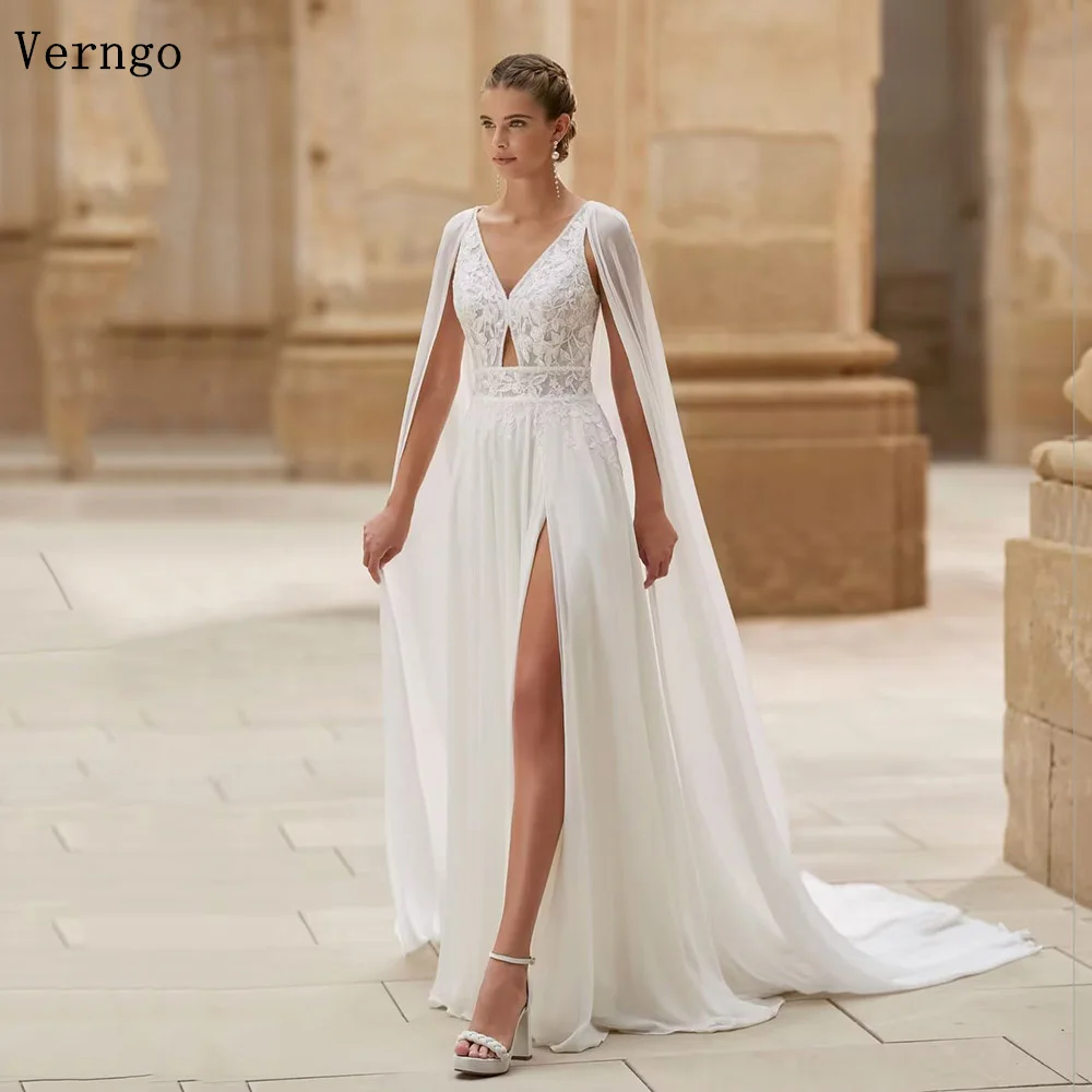 

Verngo lvory Chiffon Appliques Wedding Dress A Line V Neck Spaghetti Straps Bridal Gowns For Women Bcackless Bride Dress