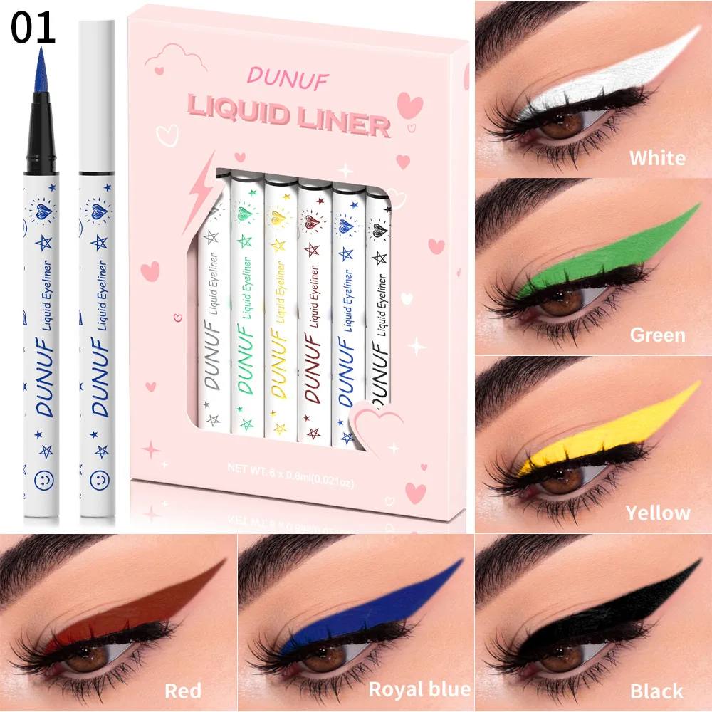 6-teiliges flüssiges Eyeliner-Set, wasserfest, wischfest, lebendige Farben, langlebige Präzisionspitze für geflügeltes Katzenaugen-Party-Make-up
