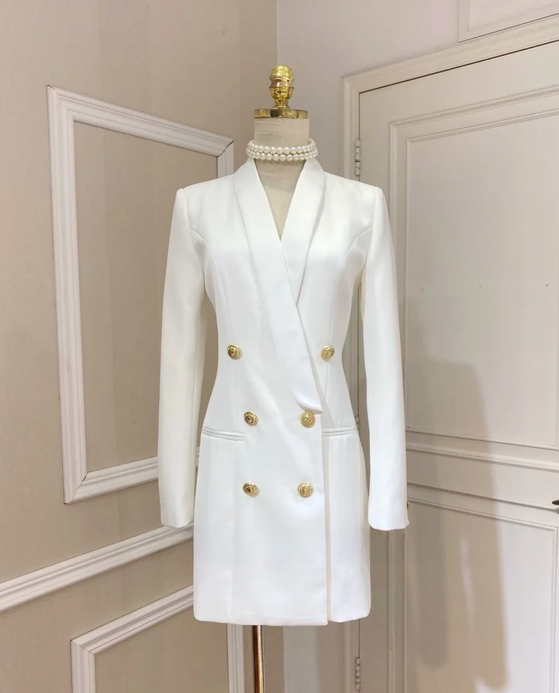 Haut de gamme Satin revers Patchwork métal Double rangée bouton coupe ajustée Midi Dr costume jupe Dr Elely conçu printemps Faion