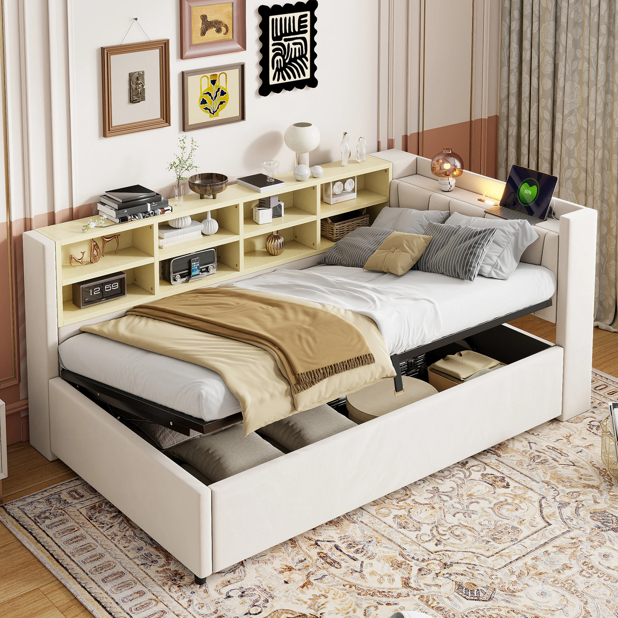 Lit banquette 90x200 cm - Lit simple avec rangement hydraulique, étagères et ports USB, sans matelas - Velours beige