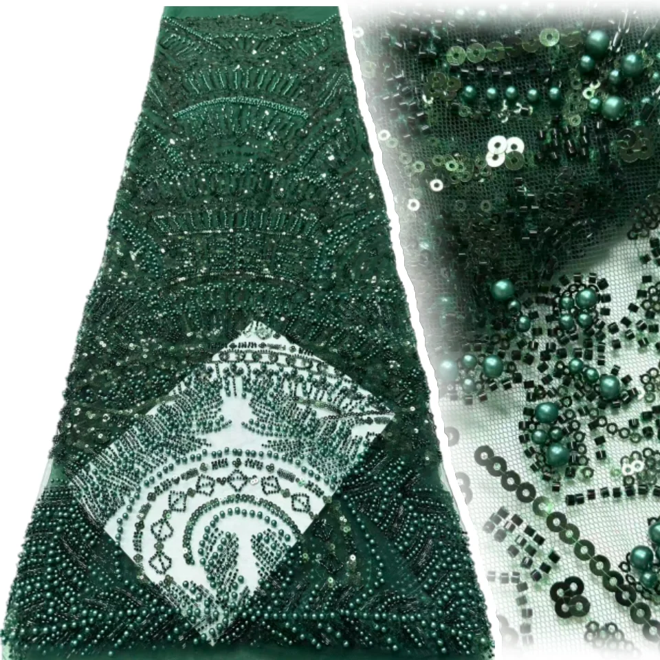 

Зеленая кружевная ткань с бисером, африканский тюль, кружевная ткань, 20225, кружевная ткань с французской вышивкой для свадебной вечеринки, швейный материал AH1732