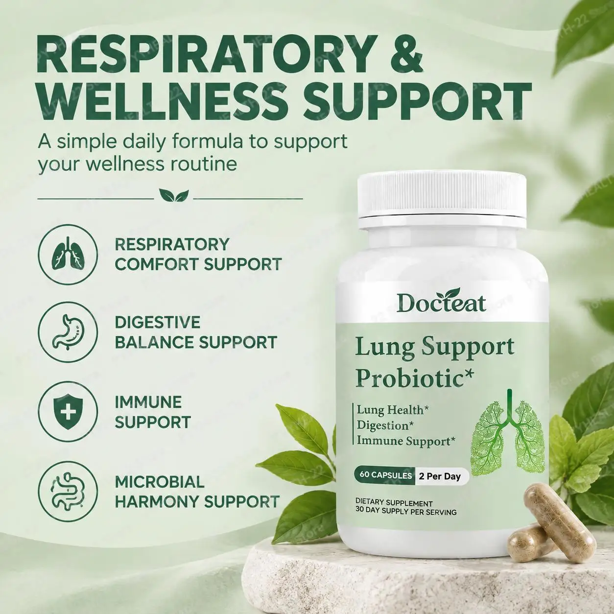 Lung Support Probiotic Capsules with Probiotic Blend & Botanical Extracts for Respiratory Comfort, Digestive Balance, 60 Ct