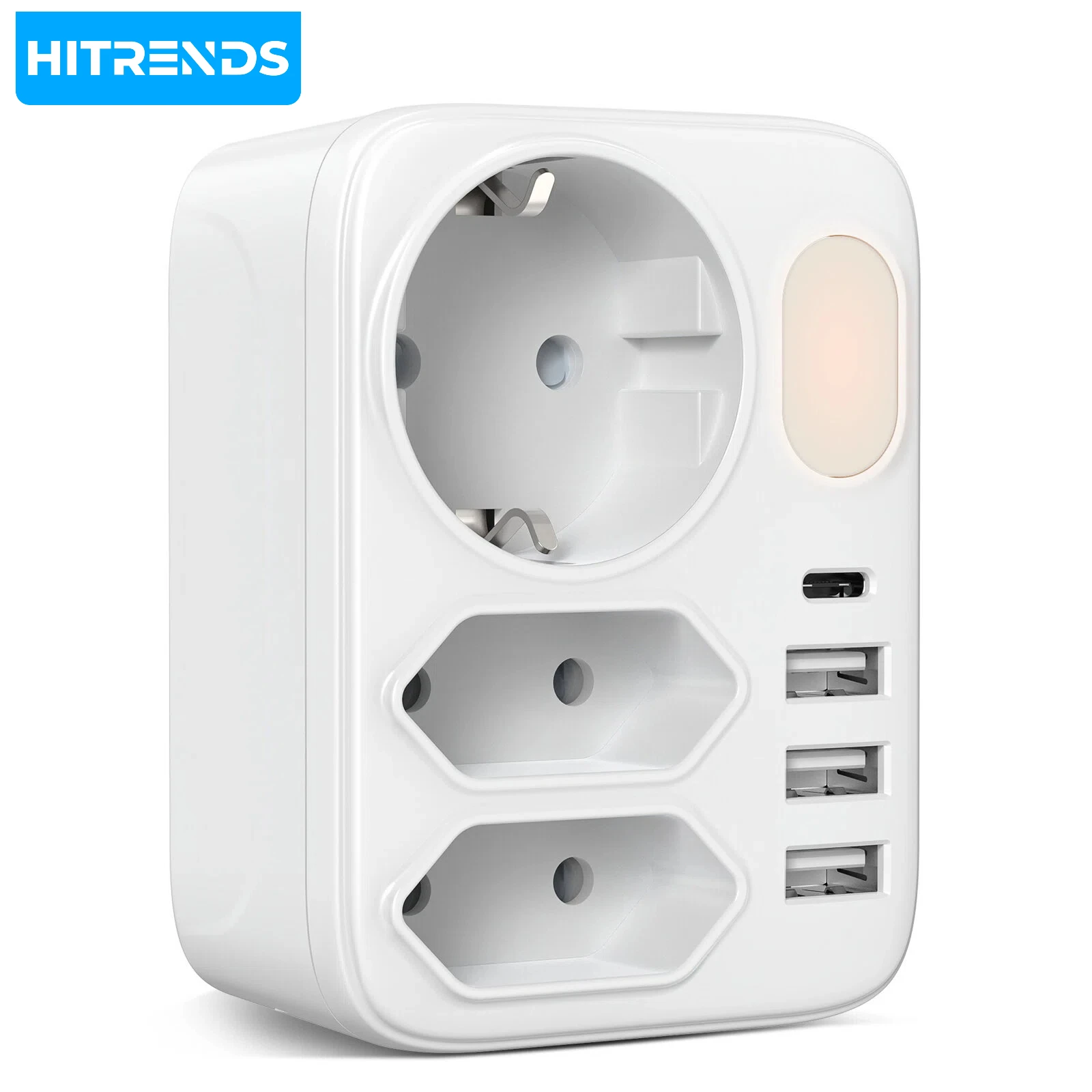 European Plug Adapter with Night Light, 3 USB + Type-C Fast Charging, Child Safety Protection Door, Home Travel Extension Socket