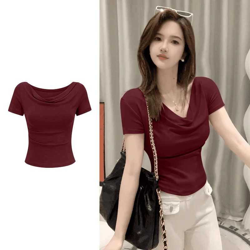 

Летняя женская футболка ort Sve Pure Desire 2025 Gentle oulder Bared Color High-End Sensation Slim Fit Casual o...