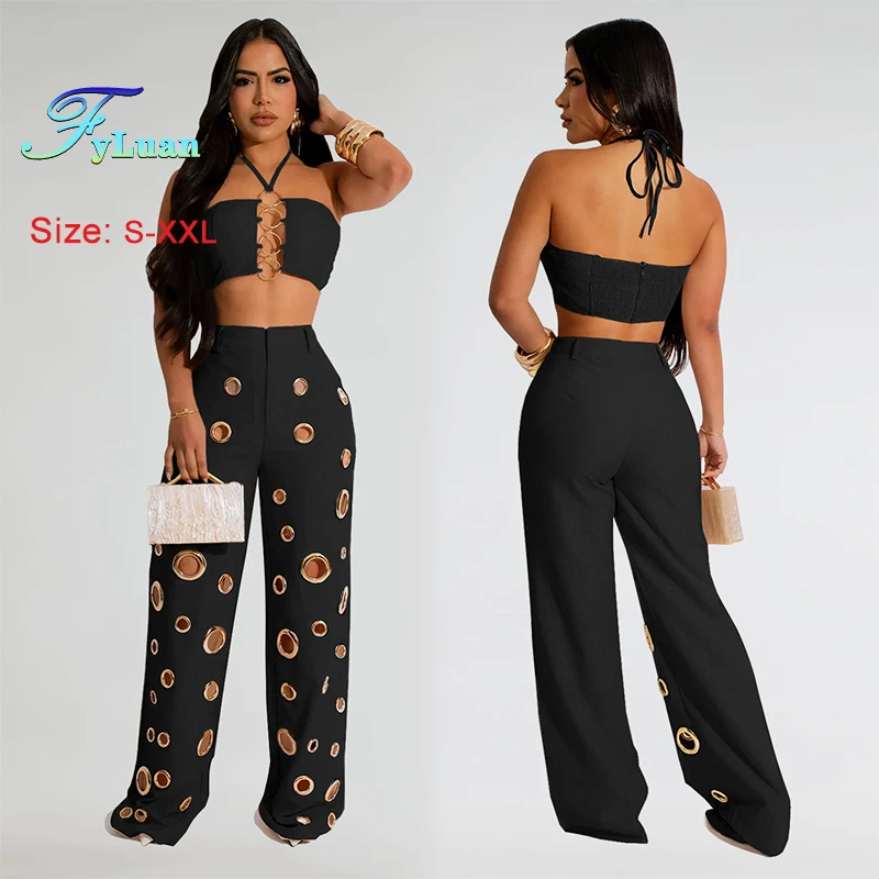 

Summer Women Two 2 Piece Set Sleeveless Strapless Tops Wide Leg Pants Sexy Sets Hole Hollow Out Lady Outfit Night Party Clothing