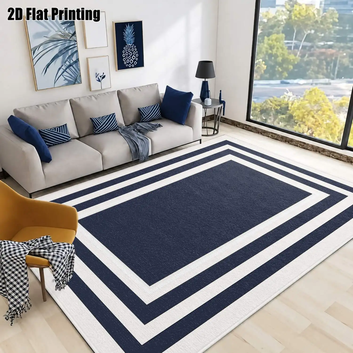 1Pc 2D Printed Carpet: Deep Blue White Geometric Striped Nordic Modern Simple Home Decor Carpet, Multi-Size, Machine Washable, for Entrance, Living Room, Bedroom, Study, Dining Room