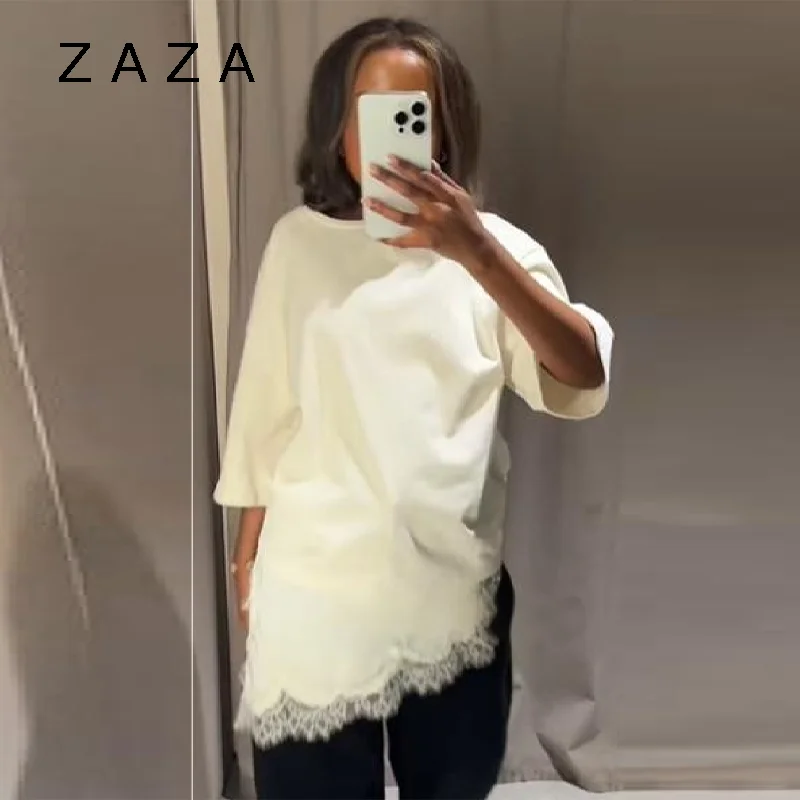 Zaza بلوزة نسائية جديدة من الدانتيل الساتان مقسمة نصف كم رقبة دائرية قميص طويل بحاشية غير منتظمة قطع علوية متينة 2025 ملابس علوية غير رسمية جديدة للسيدات