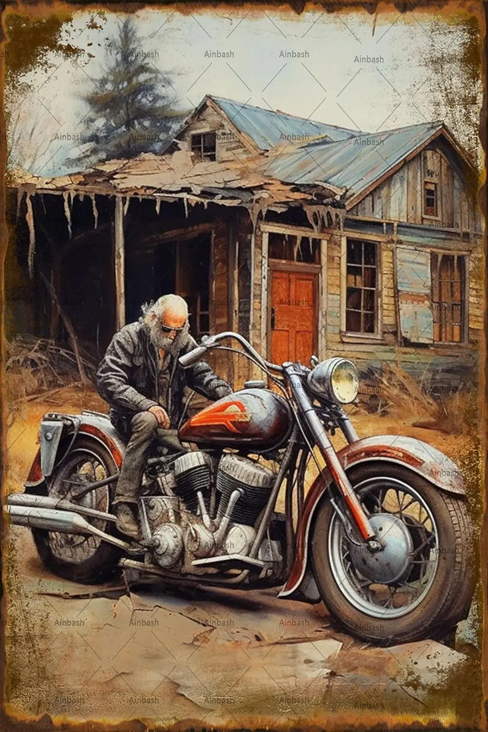 Old Man Old Motorcycle And Old House Tin Metal Signs Original Retro Design Wall Art Print Poster Thick Tinplate Wall Decoration